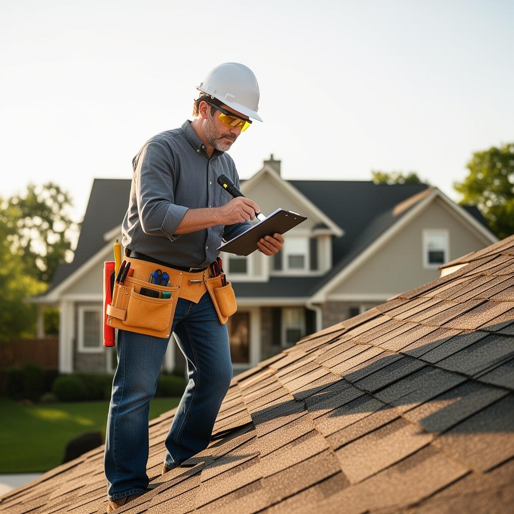 Independent home inspector reviewing notes on a residential roof
