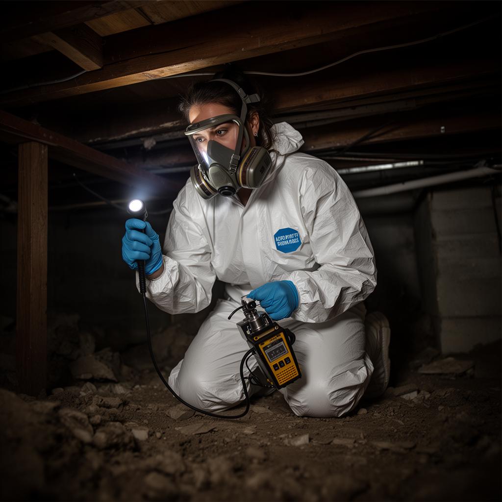 Mold and air-quality specialist running an environmental test in a crawlspace